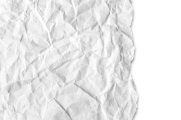 Recycled crumpled white paper texture with a torn edge isolated on transparent, white background, PNG. Wrinkled and creased abstract backdrop, wallpaper with copy space, top view.
