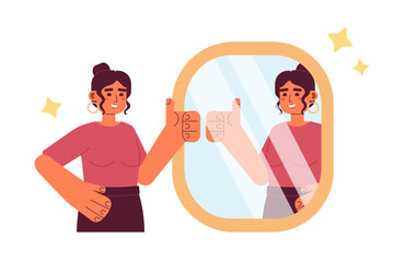 Mirror affirmations flat concept vector spot illustration. Woman with thumb up reflection in mirror 2D cartoon character on white for web UI design. Good job. Self love isolated editable hero image