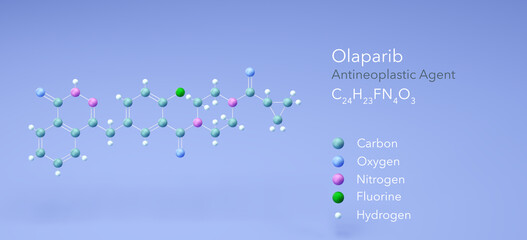 olaparib molecule, molecular structures, lynparza, 3d model, Structural Chemical Formula and Atoms with Color Coding