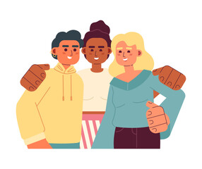 Surround yourself with good people 2D vector isolated spot illustration. Best friends group hugging flat characters on white background. Friendship day. Diverse community colorful editable scene