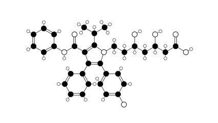 atorvastatin molecule, structural chemical formula, ball-and-stick model, isolated image Lipitor