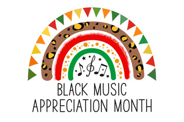 Black Music Appreciation Month vector card. Rainbow, garland, musical notes and text on a white background. African-American Music concept.