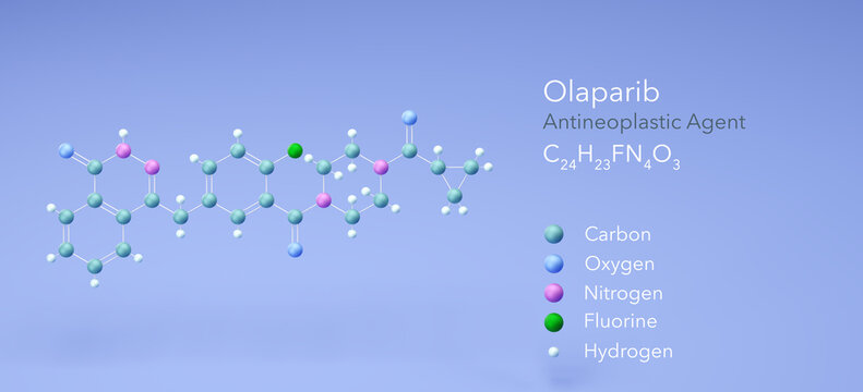 olaparib molecule, molecular structures, lynparza, 3d model, Structural Chemical Formula and Atoms with Color Coding