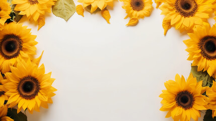 Banner background with sunflowers and decor. High angle beautiful sunflowers arrangement with empty space to write. Absolutely symmetrical. 3D illustration. Generative AI