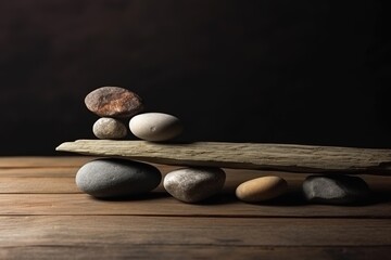 Product background for montage, Balancing stones on a wooden surface copy space generative ai