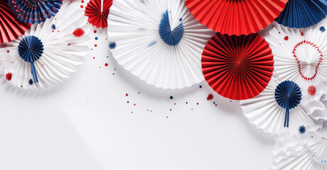 Happy independence day. American Independence Day 4th of July. Happy independence day. Red, blue white star and confetti  on white background. Flat lay, top view, copy space. Generative AI
