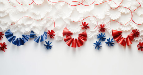 Fototapeta na wymiar Happy independence day. American Independence Day 4th of July. Happy independence day. Red, blue white star and confetti on white background. Flat lay, top view, copy space. Generative AI