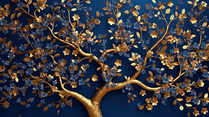 Royal Blue and Gold Floral Tree Illustration. Generative AI