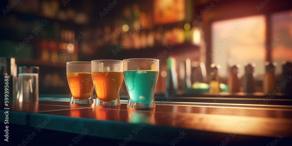 Poster a bar featuring three shot glasses that are each filled with a different beverage. generative ai