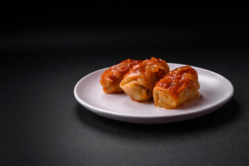 Delicious cabbage rolls with meat, rice, salt, spices and herbs