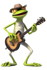 Obraz premium an isolated Frog, playing guitar whimsical feel, music festival orientated in Music-themed, photorealistic illustrations on a transparent background cutout in PNG. Generative AI