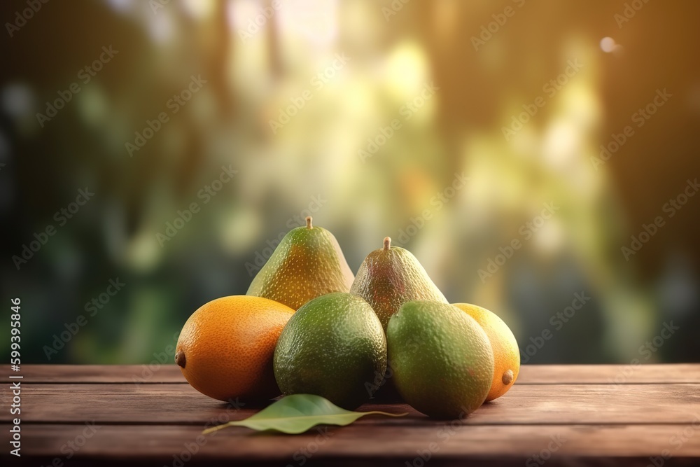 Poster a collection of fruit displayed on top of a table made of wood generative ai