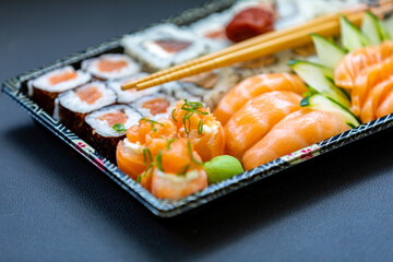 Traditional salmon sushi, typical Japanese food.