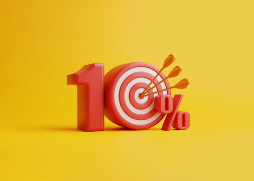 Red target with arrow form the number 10 percent on a yellow background. 3d render illustration