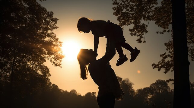 silhouette of mother with child in her arms, generative ai
