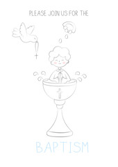 Christening of a Baby in Festive Attire Sitting in a Baptismal Font with Holy Water Pouring from a Shell onto the Head and a Dove Flying with a Cross in its Beak Doodle Vector Illustration