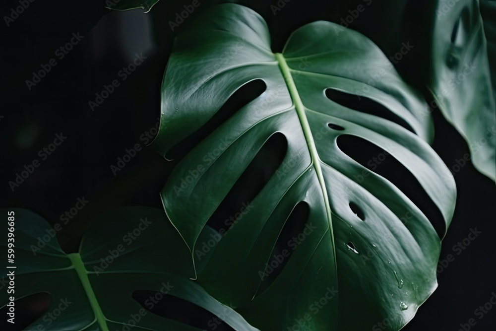 Poster large green leaf with intricate patterns of holes generative ai