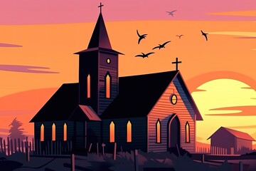 church with a beautiful sunset in the background Generative AI