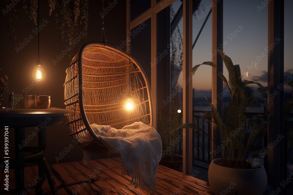 Poster a chair that is suspended from the ceiling and has a light beaming on it generative ai