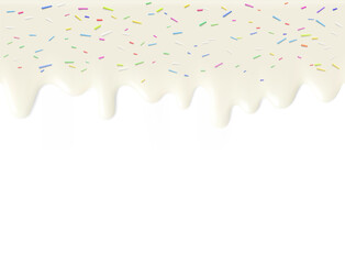 Realistic glossy seamless cream flowing drips with cylindrical sprinkles. True color tone. Vector illustration isolated on white background. Easy to use on different backgrounds. EPS10.
