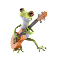 Obraz na płótnie Canvas an isolated Frog, playing guitar whimsical feel, music festival orientated in Music-themed, photorealistic illustrations on a transparent background cutout in PNG. generative AI