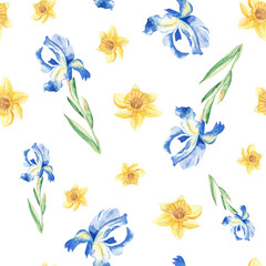 Seamless watercolor pattern with narcissus and iris on white background. Can be used for fabric prints, gift wrapping paper, kitchen textile.