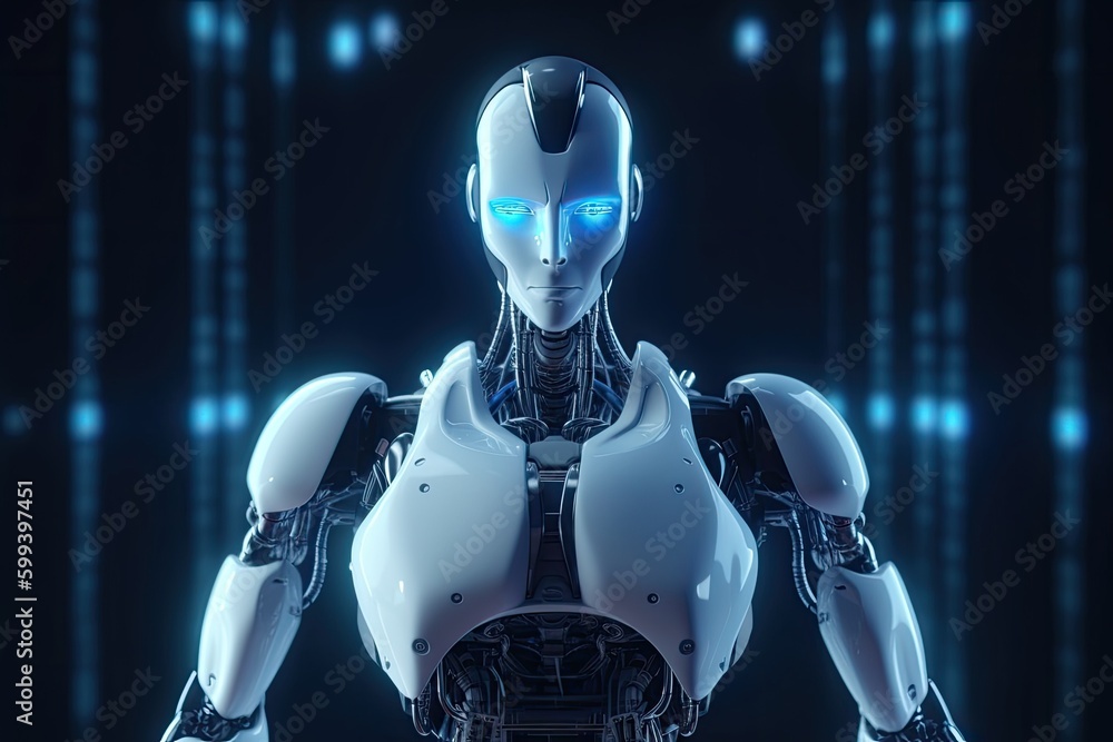 Aufkleber futuristic robot with glowing blue eyes in a dark setting generative ai