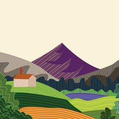 A mountain retreat during summer. Purple mountains. A house in the mountains. Vector illustration of mountains. Peace. Peace in nature. Retro