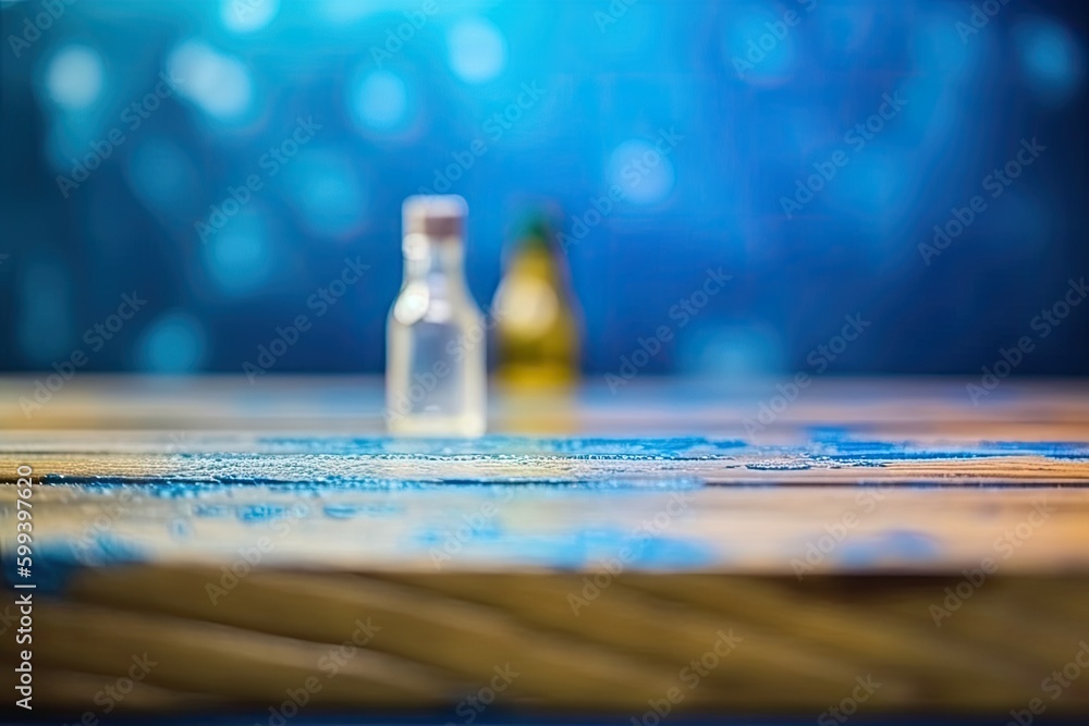 Poster two empty glass bottles on a rustic wooden table generative ai