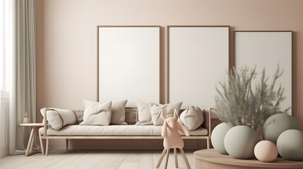 Mockup frame in interior background, room in light pastel colors.