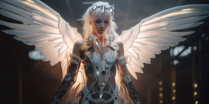 Cyberpunk Engel Frau mit wei&szlig;en Fl&uuml;gel Nahaufnahme, ai generativ