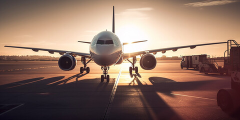 Modernes Flugzeug am Flughafen, Sonnenuntergang im Hintergrund, ai generativ