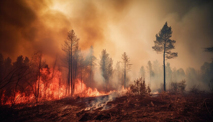 Burning forest fire creates inferno, smoke rises generated by AI
