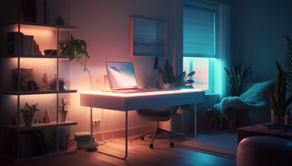 Modern office desk with computer and lamp generated by AI