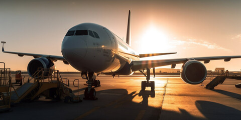 Fototapeta na wymiar Modernes Flugzeug am Flughafen, Sonnenuntergang im Hintergrund, ai generativ