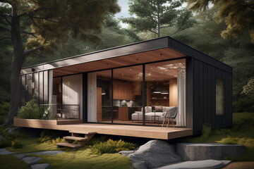 Modern Minimalist Retreat: Luxury Container House in a Serene Forest Setting - Generative Ai