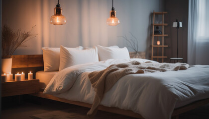 Cozy modern bedroom with illuminated headboard lantern generated by AI