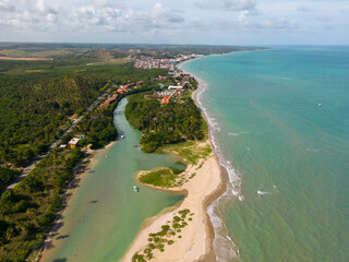 Obraz premium Aerial photo of Camacho beach in the city in Maragogi, Alagoas, Brazil