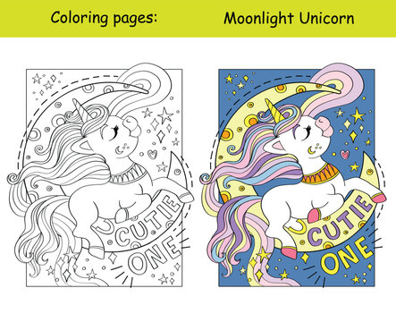 Cute beautiful unicorn on the moon coloring and template vector