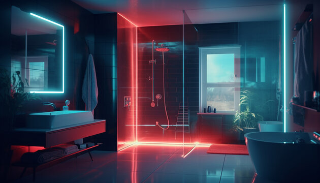 Luxury modern bedroom illuminated by blue lighting generated by AI