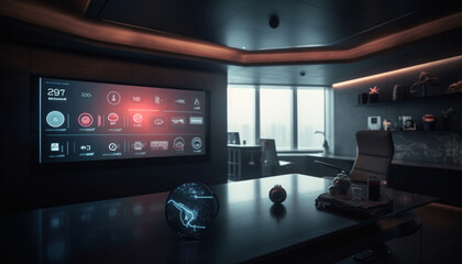 Futuristic office with modern equipment and glowing technology generated by AI