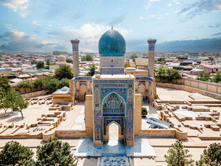 Samarkand, Uzbekistan aerial view of  Gur-e-Amir - a mausoleum of the Asian conqueror Timur (also...
