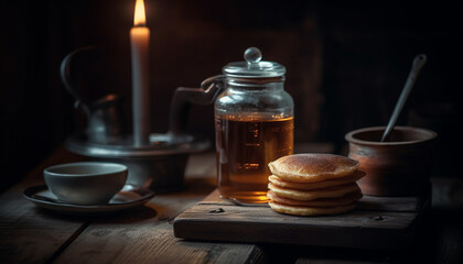 Stack of rustic pancakes with honey syrup generated by AI