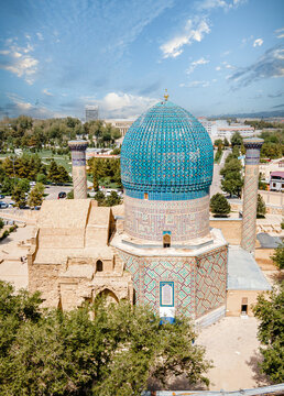 Samarkand, Uzbekistan aerial view of  Gur-e-Amir - a mausoleum of the Asian conqueror Timur (also known as Tamerlane).  Famous travel destination in Uzbekistan
