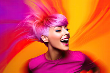 Fototapeta premium A woman with pink short hair, portrait in pop art style on orange red and pink background, generative ai illustration