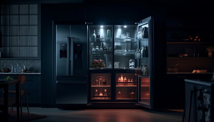 Modern kitchen design illuminated by electric lamp generated by AI