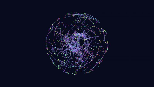 Digital sphere with neon dots and lines on black gradient, motion abstract corporate, futuristic and business style background