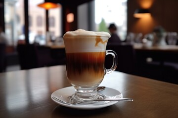 Viennese coffee with whipped cream In a glass cup on a table in a café. generative ai