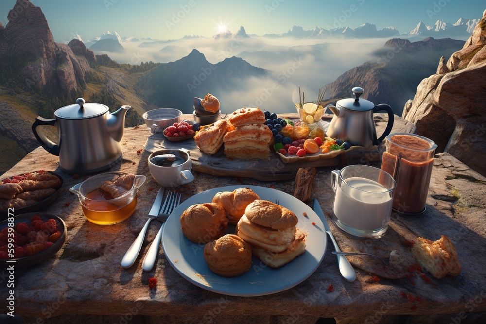 Poster a table with a cup of coffee and some food on it. the table also has a plate on it. generative ai