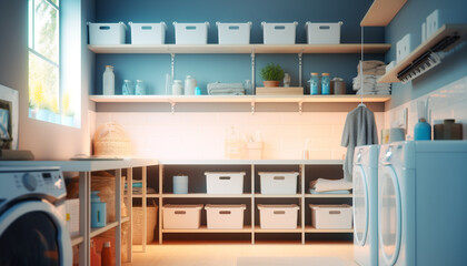 Clean modern kitchen cabinet shelf with equipment collection generated by AI